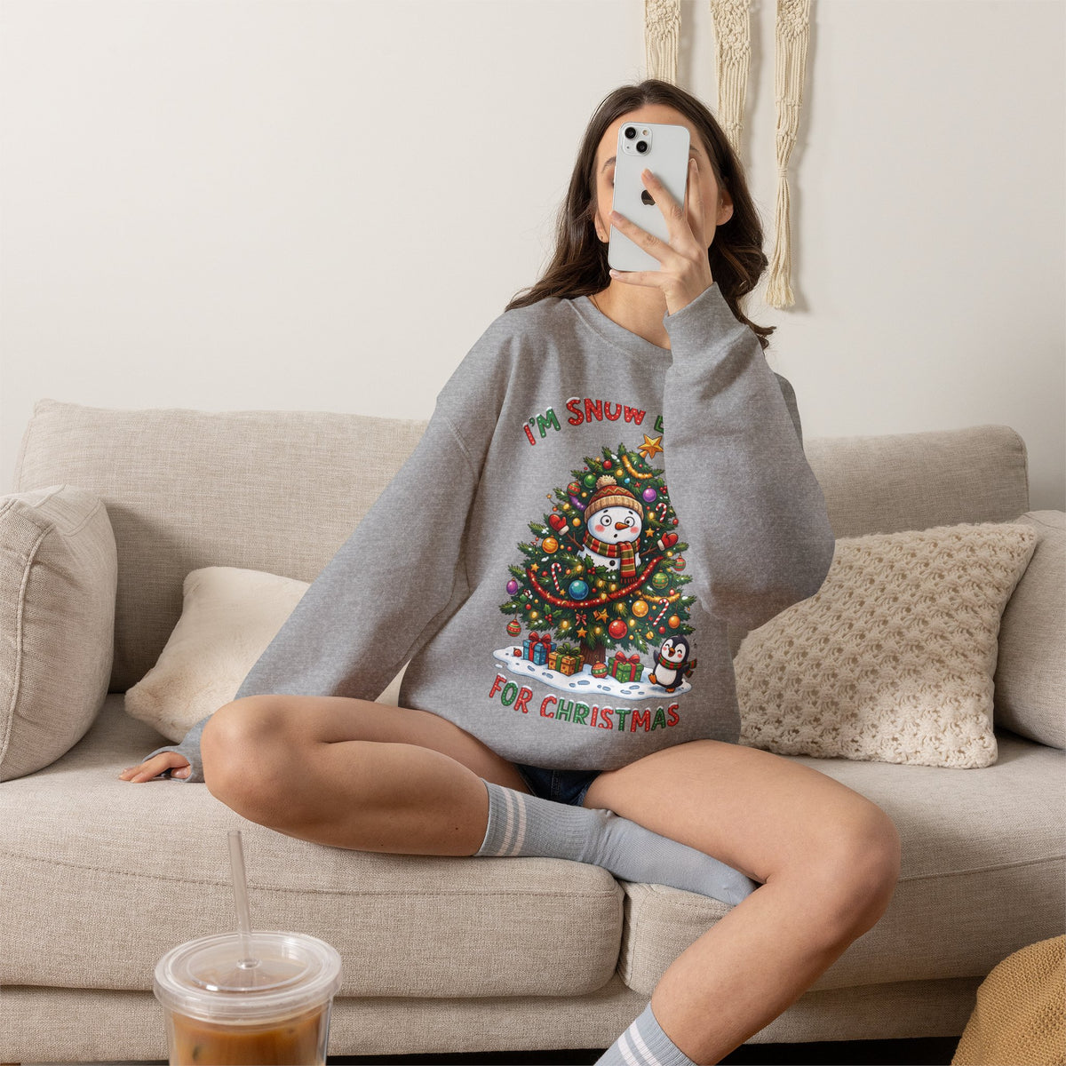 Christmas Sweatshirt – "I’m Snow Excited for Christmas" Cute Snowman Tree Holiday Crewneck