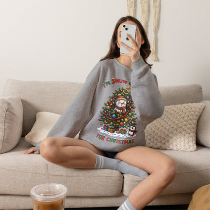 Christmas Sweatshirt – "I’m Snow Excited for Christmas" Cute Snowman Tree Holiday Crewneck