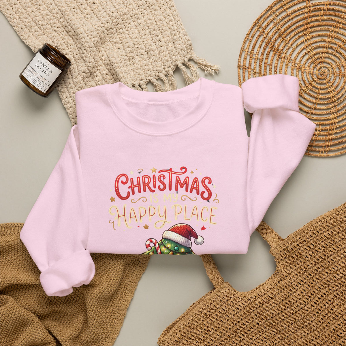Christmas Happy Place Crewneck Sweatshirt — Cute Kawaii Tree & Gifts Holiday Sweatshirt
