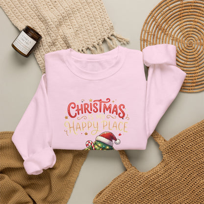 Christmas Happy Place Crewneck Sweatshirt — Cute Kawaii Tree & Gifts Holiday Sweatshirt