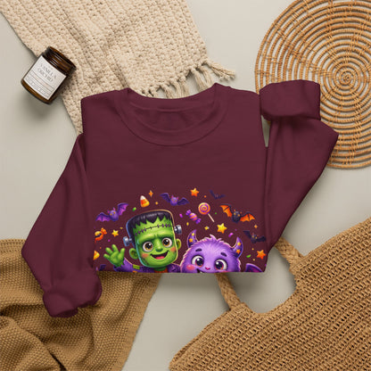 Halloween Monster Crewneck Sweatshirt — Cute Frankenstein, Vampire & Pumpkin Design