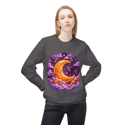 Halloween Moon Crewneck Sweatshirt — Cute Smiling Moon, Pumpkins & Bats Pullover