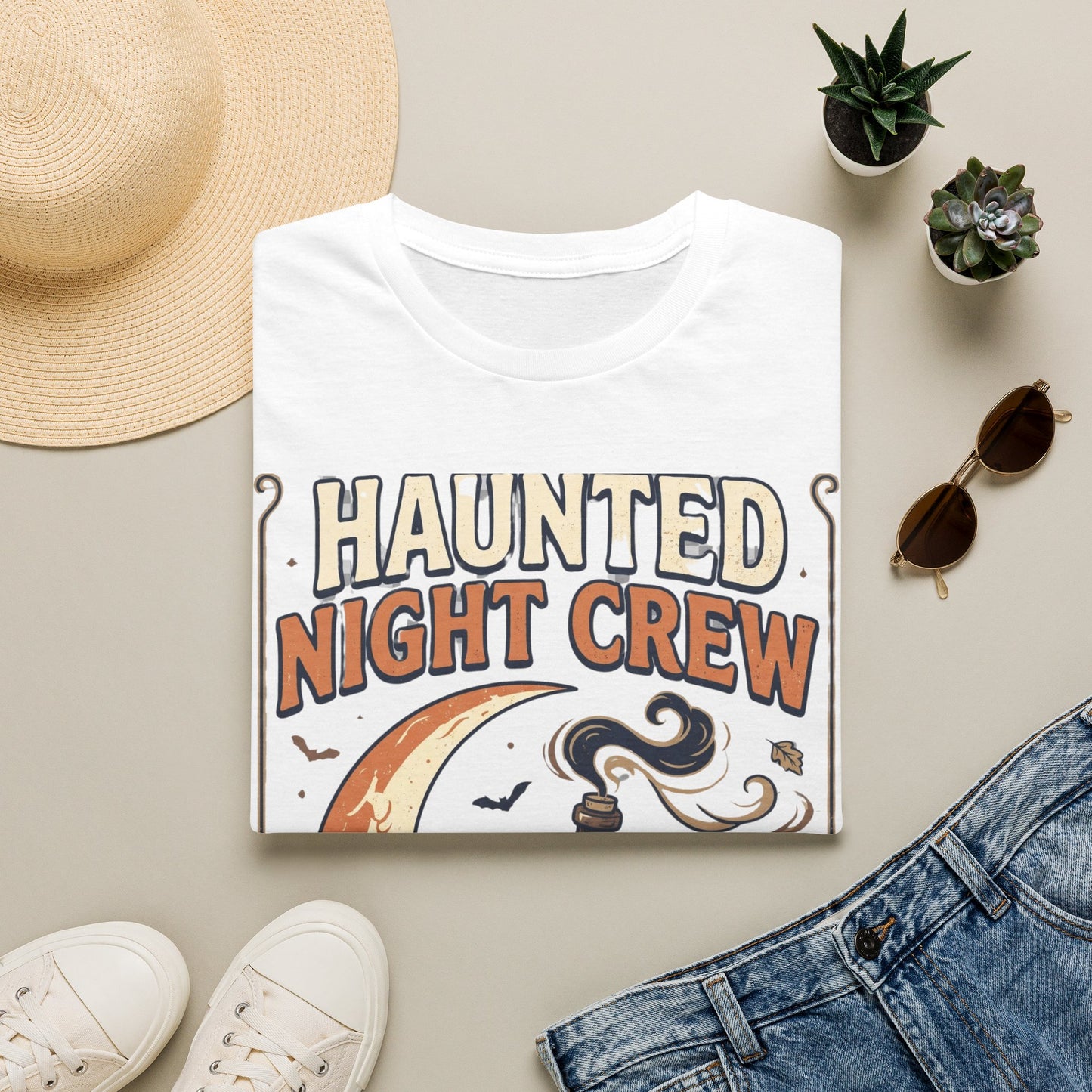 Haunted Night Crew T-Shirt — Retro Halloween Skeleton & Pumpkin Tee