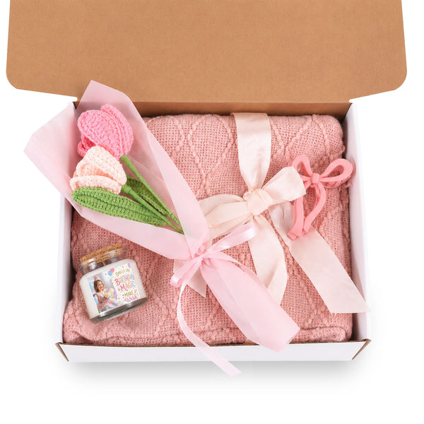 Blush & Bloom Birthday Gift Set — Candle, Blanket, Crochet Flower Bouquet, Bow Clip