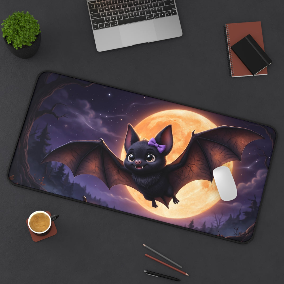 Cute Halloween Bat Desk Mat – Moonlit Pumpkin Office Mouse Pad