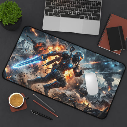 Futuristic Soldier Gaming Desk Mat — Sci‑Fi Battle Scene Mouse Pad