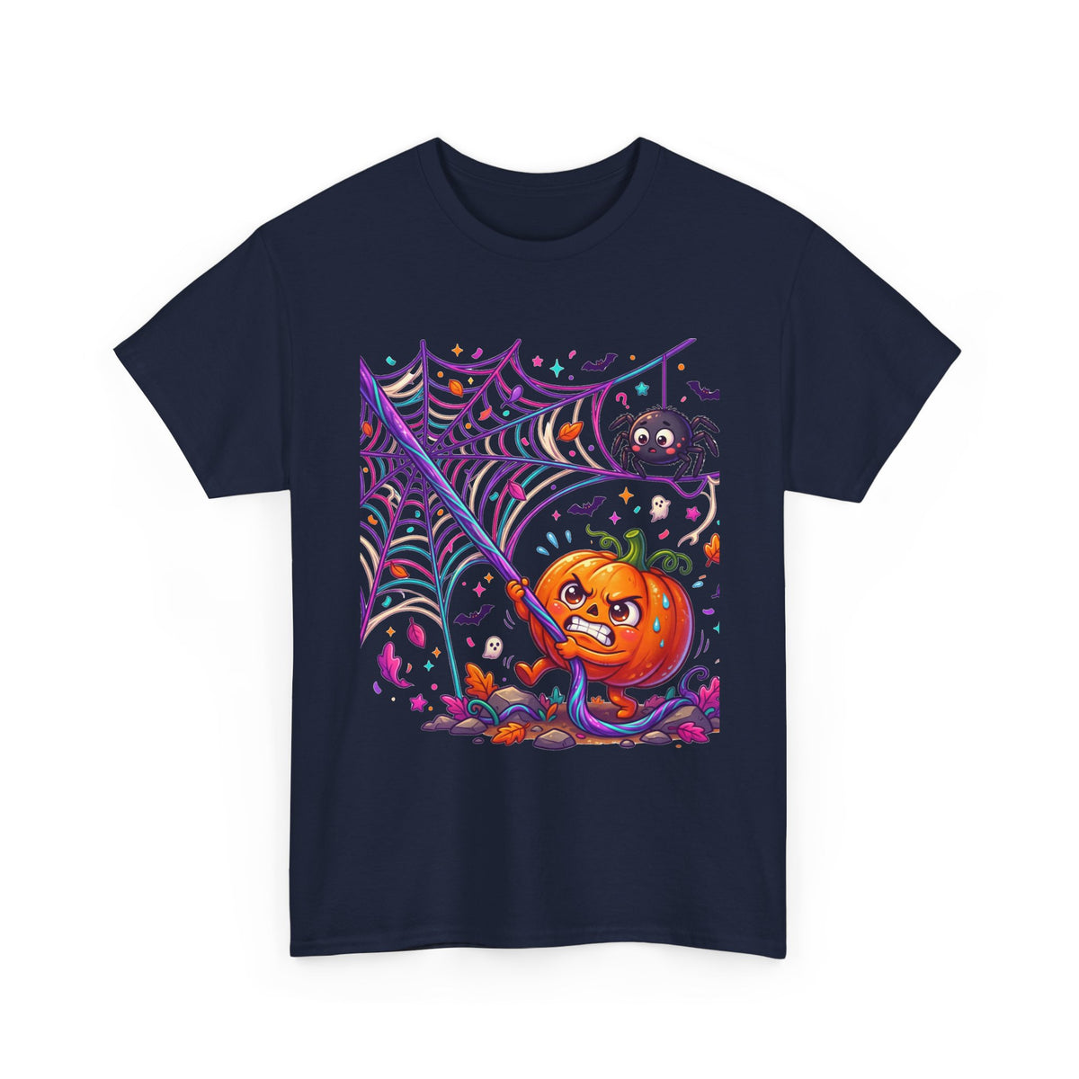 Pumpkin Spider Web Halloween T‑Shirt — Cute Spooky Pumpkin Cartoon Tee