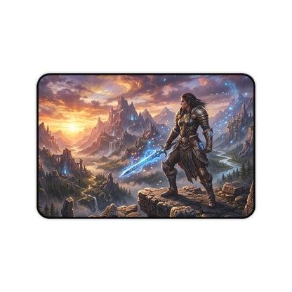 Epic Fantasy Warrior Desk Mat — Scenic Sword & Mountain Gaming Mouse Pad