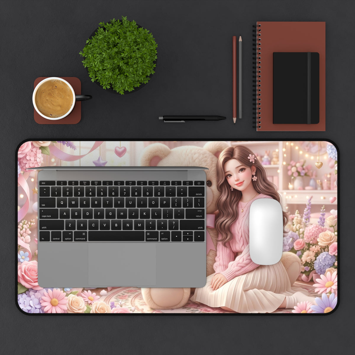 Cute Teddy Bear Desk Mat — Pastel Floral Girl Mousepad