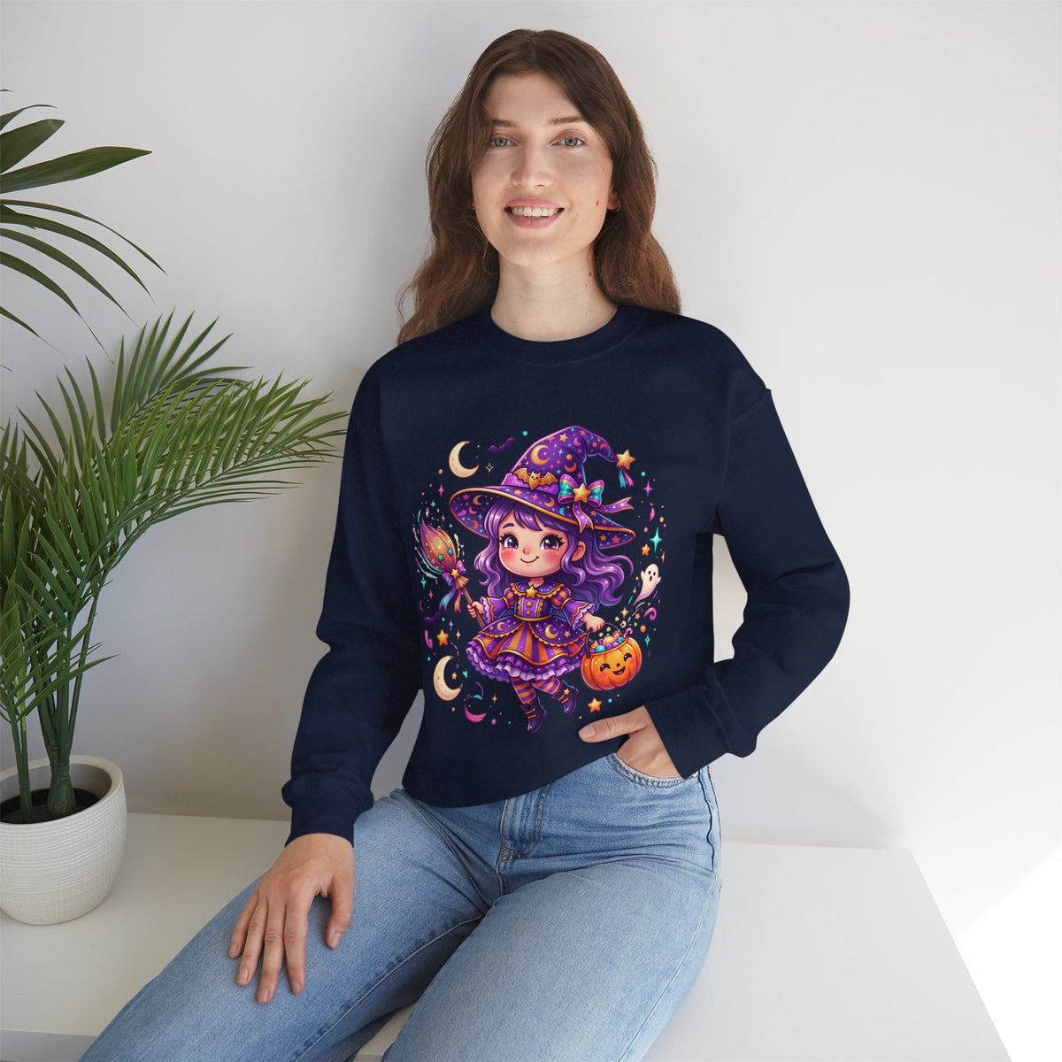 Cute Halloween Witch Sweatshirt — Kawaii Pumpkin Magic Crewneck