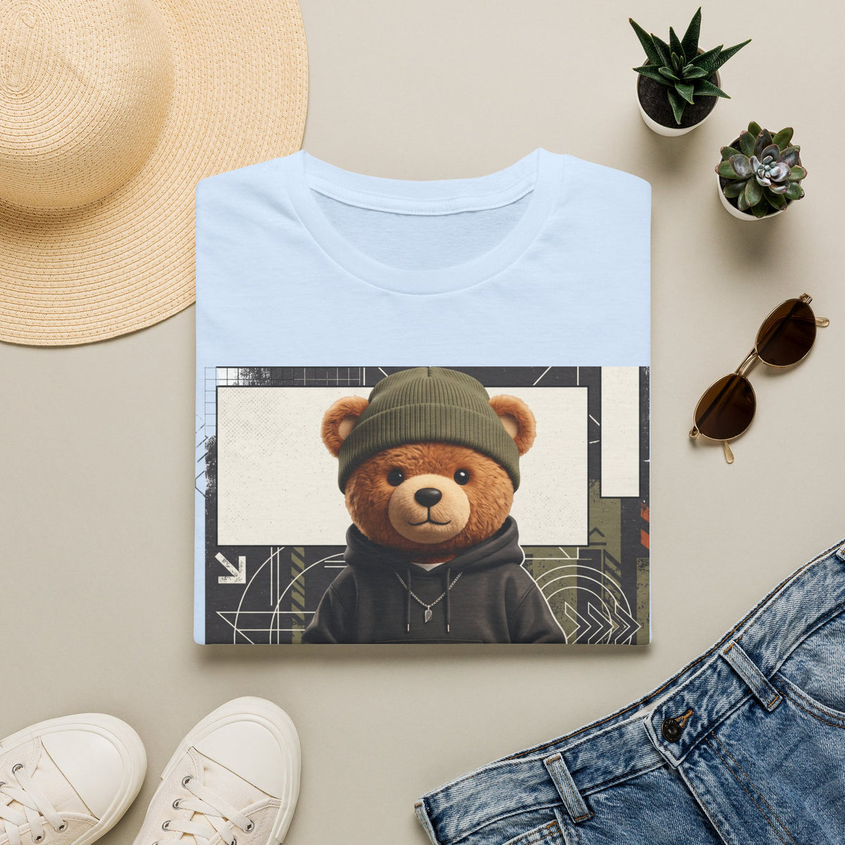 Teddy Bear Graphic T-Shirt — Streetwear Teddy in Beanie & Hoodie