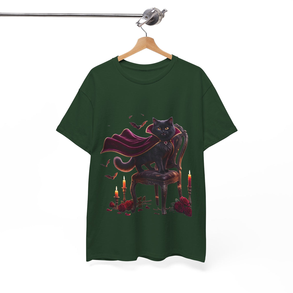 Vampire Cat Tee — Gothic Black Cat with Cape & Candles T-Shirt