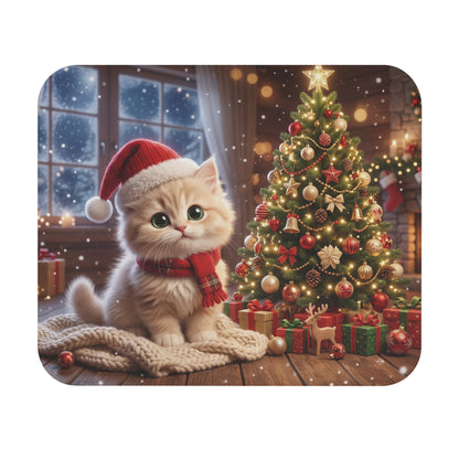 Christmas Kitten Mouse Pad — Cute Holiday Cat with Santa Hat & Decorated Tree