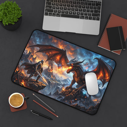Dragon Battle Desk Mat — Fantasy Warrior vs. Fire Dragon Gaming Mouse Pad