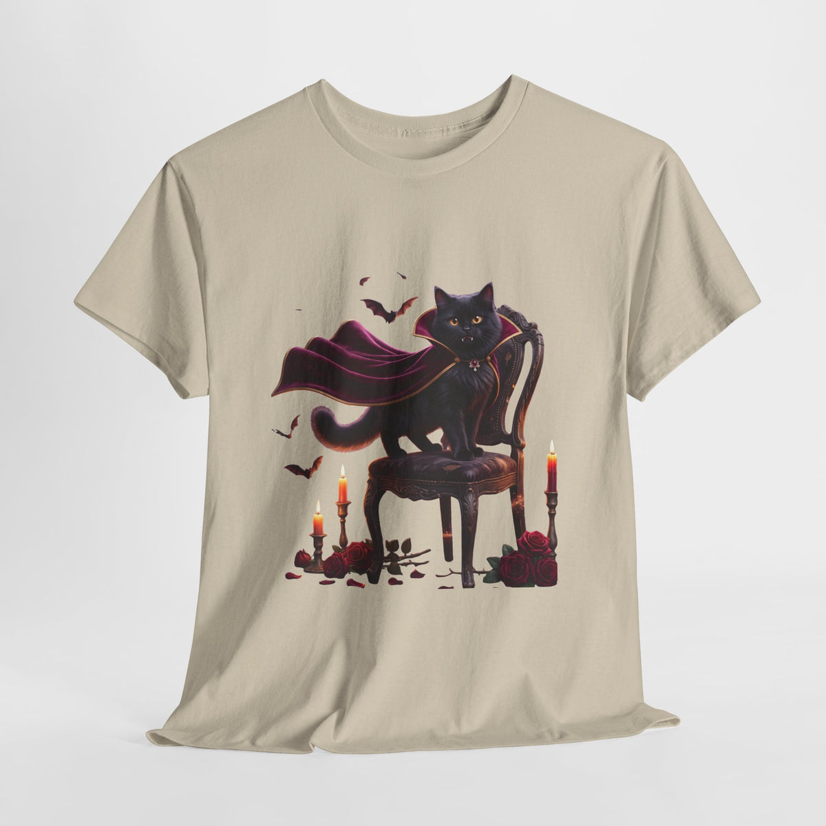 Vampire Cat Tee — Gothic Black Cat with Cape & Candles T-Shirt