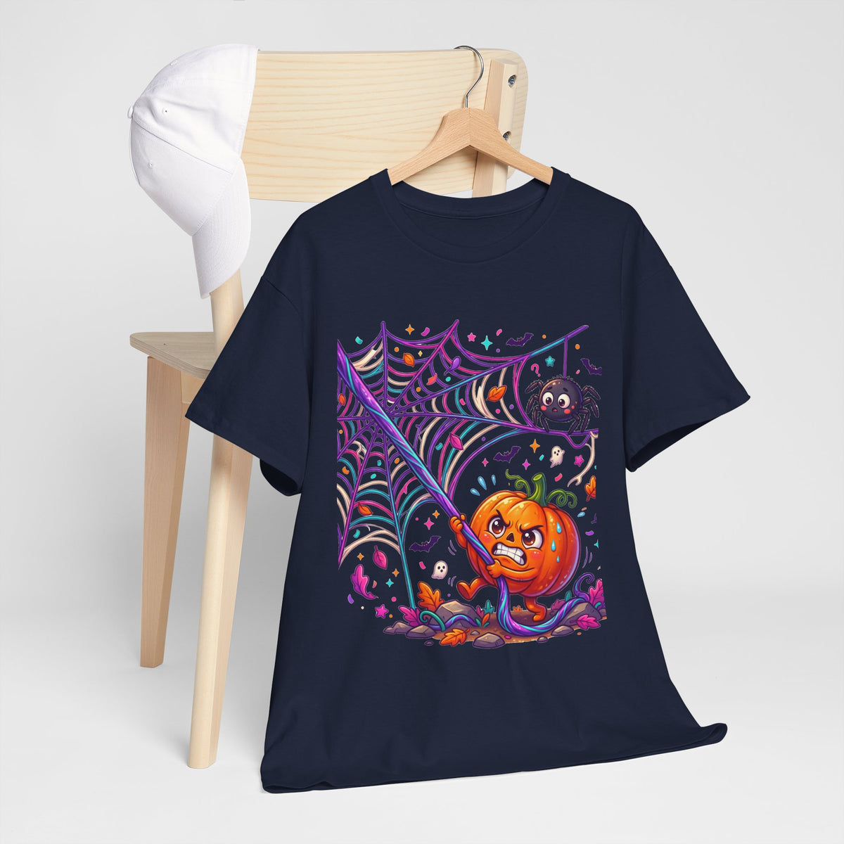 Pumpkin Spider Web Halloween T‑Shirt — Cute Spooky Pumpkin Cartoon Tee
