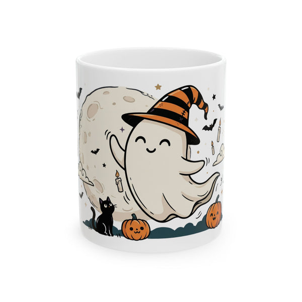 Halloween Ghost Ceramic Mug — Cute Ghost with Witch Hat, Pumpkins & Cats (11oz/15oz)