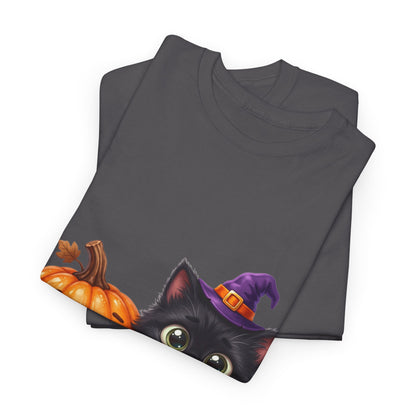 Halloween Black Cat & Pumpkin T‑Shirt — Cute Witch Hat Kitty Fall Tee