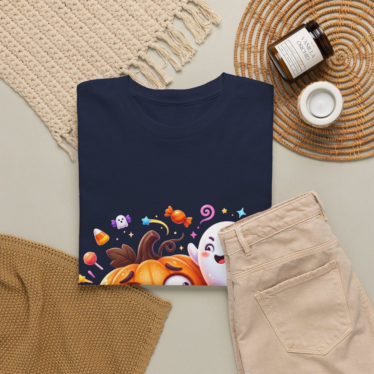 Cute Halloween Pumpkin & Ghost Tee — Scared Pumpkin Candy Graphic T-Shirt