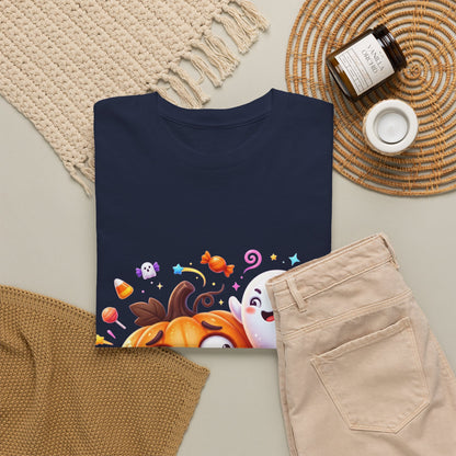 Cute Halloween Pumpkin & Ghost Tee — Scared Pumpkin Candy Graphic T-Shirt