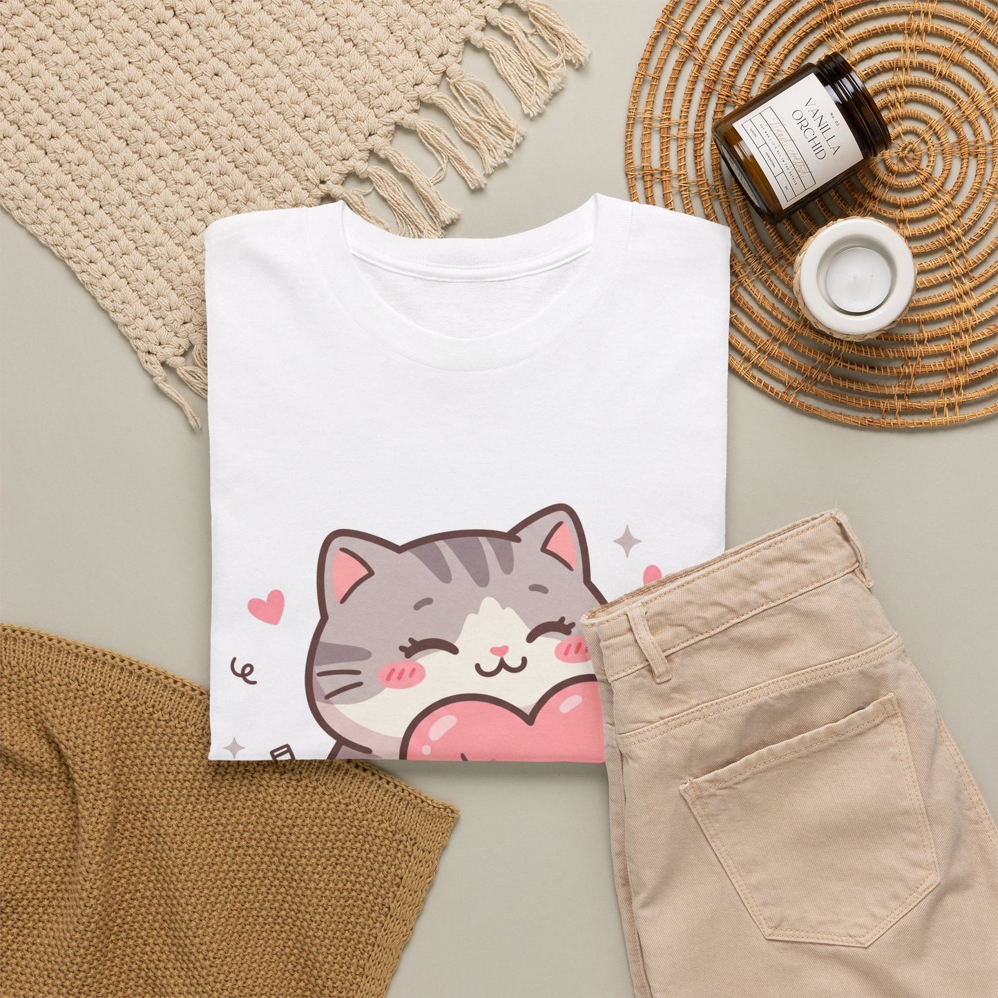 Cute Cat Hugging Heart T-Shirt — Kawaii Valentine Kitty Tee