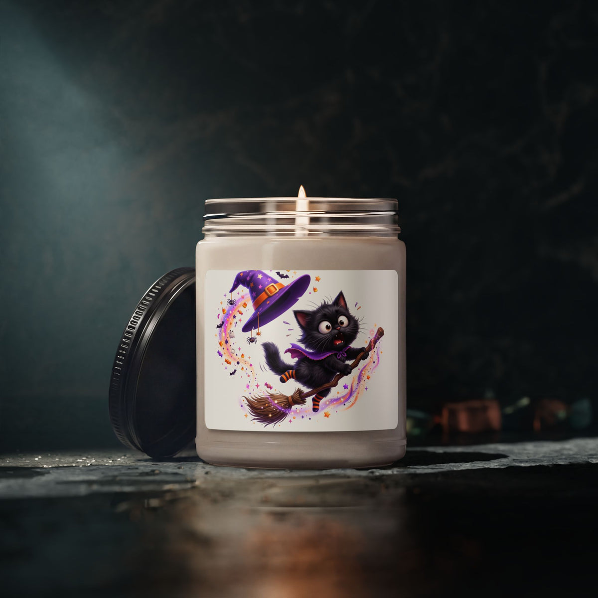 Halloween Witch Cat Soy Candle — 9oz Scented Jar (Cute Black Cat on Broom)