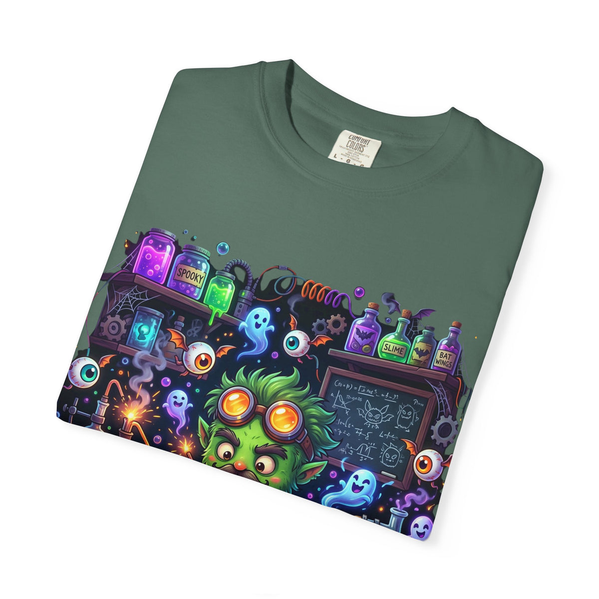 Mad Scientist Cat Lab T-Shirt — Neon Potion Halloween Tee