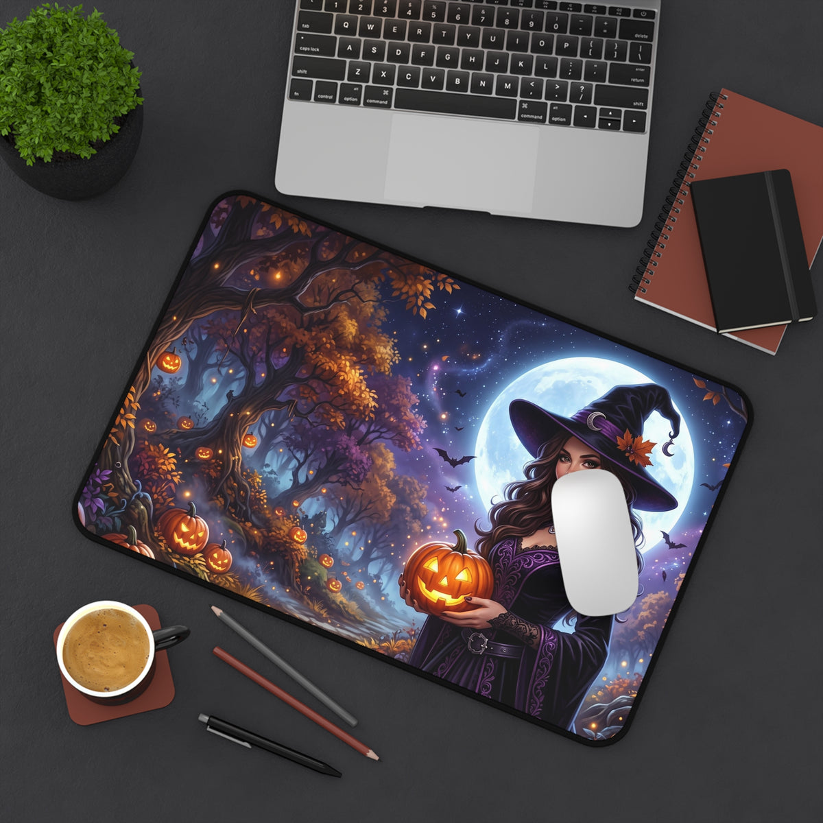 Halloween Witch Desk Mat — Moonlit Pumpkin Forest Mouse Pad