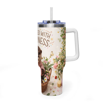 40oz Tumbler – “Sprinkled with Happiness” Puppy Floral Drink Cup