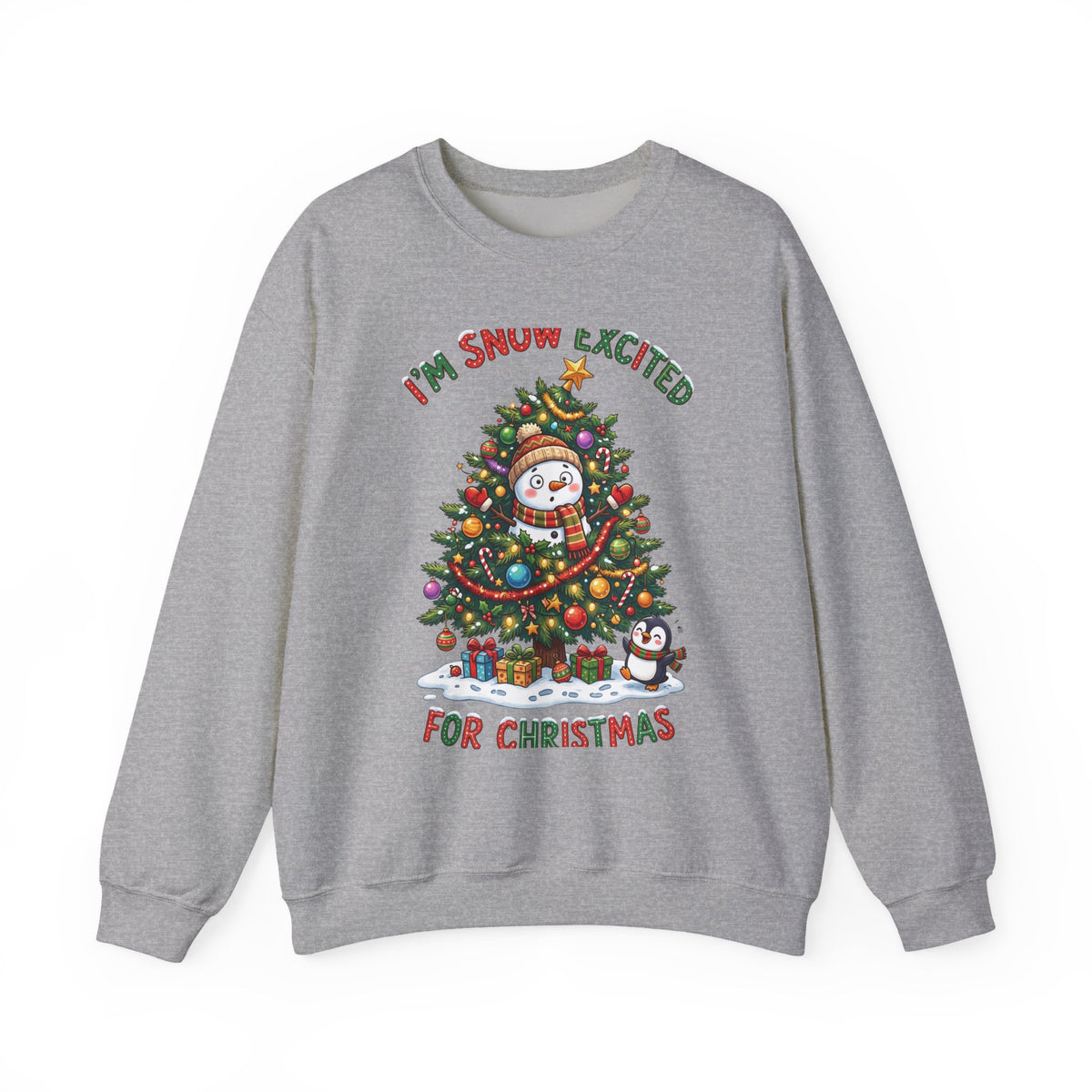 Christmas Sweatshirt – "I’m Snow Excited for Christmas" Cute Snowman Tree Holiday Crewneck