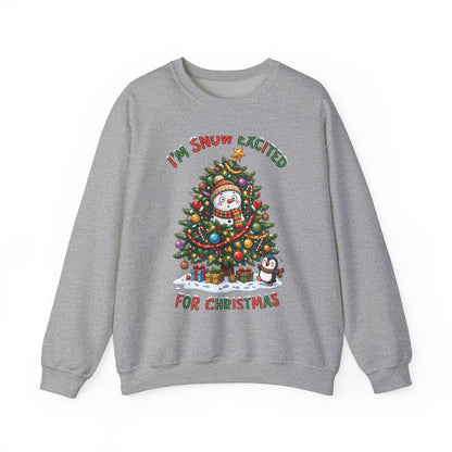 Christmas Sweatshirt – "I’m Snow Excited for Christmas" Cute Snowman Tree Holiday Crewneck