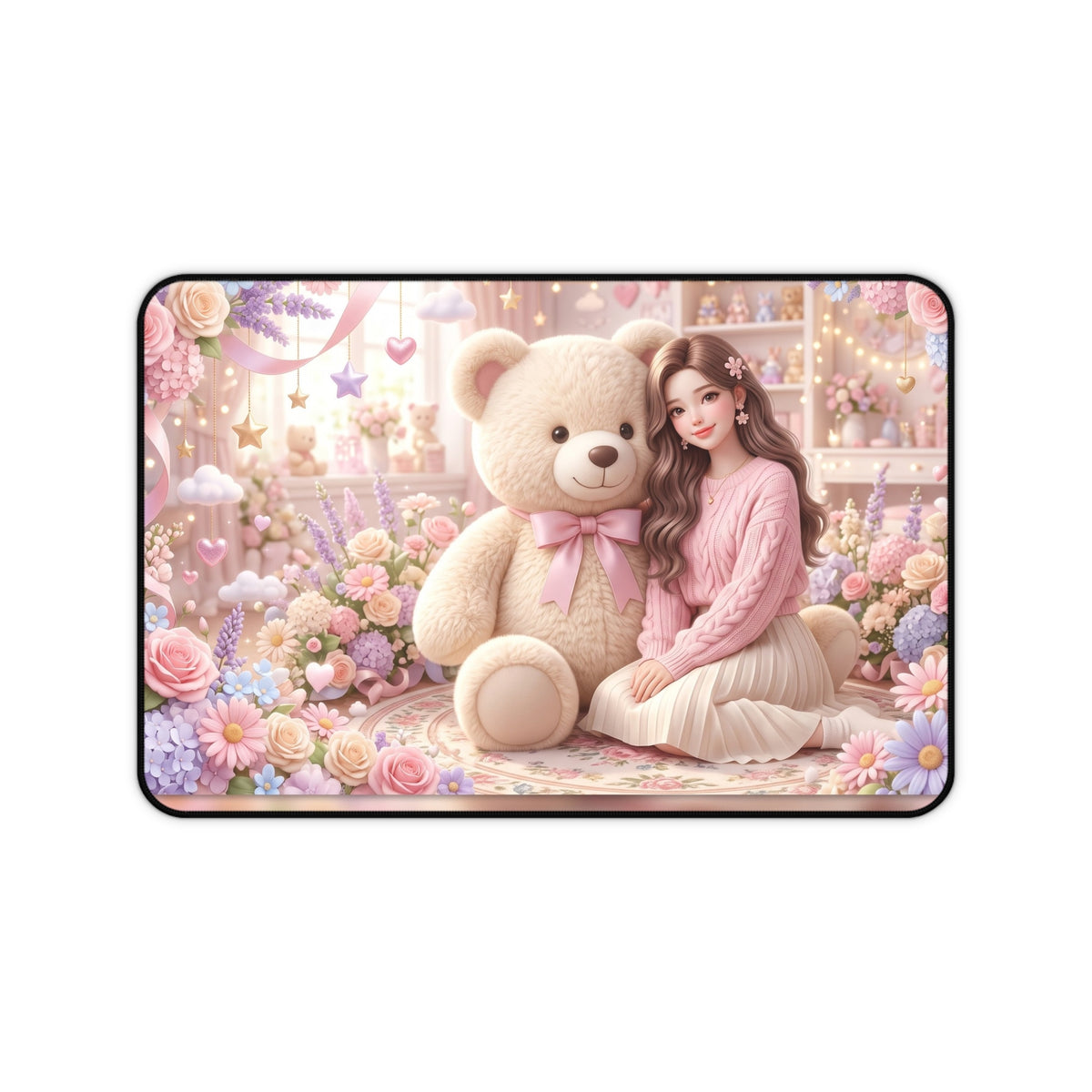 Cute Teddy Bear Desk Mat — Pastel Floral Girl Mousepad
