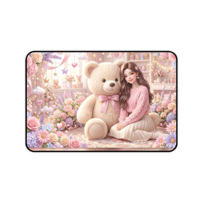 Cute Teddy Bear Desk Mat — Pastel Floral Girl Mousepad