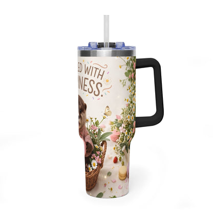 40oz Tumbler – “Sprinkled with Happiness” Puppy Floral Drink Cup