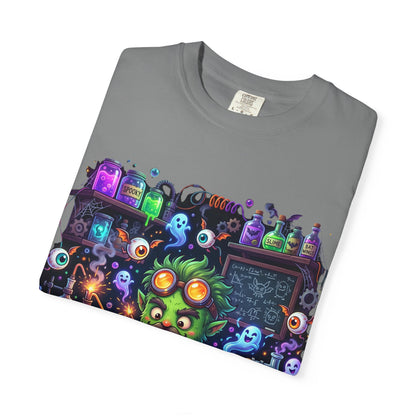 Mad Scientist Cat Lab T-Shirt — Neon Potion Halloween Tee