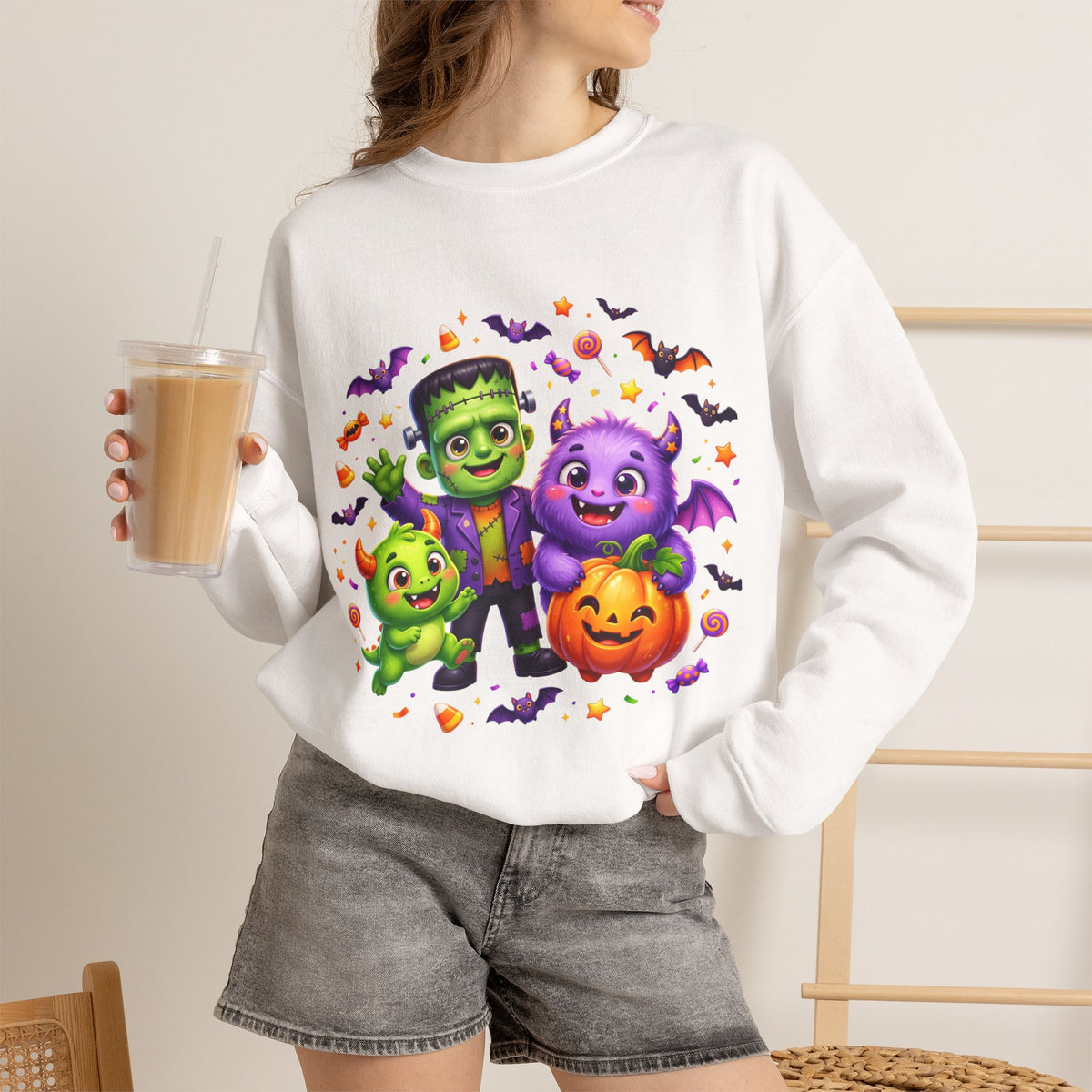 Halloween Monster Crewneck Sweatshirt — Cute Frankenstein, Vampire & Pumpkin Design