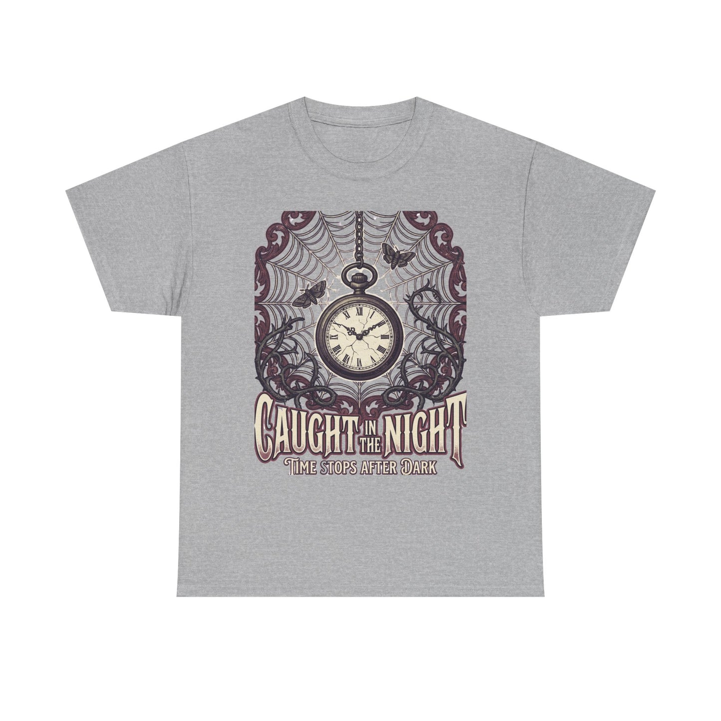 Caught in the Night Pocket Watch Tee — Gothic Spiderweb Vintage Clock T‑Shirt