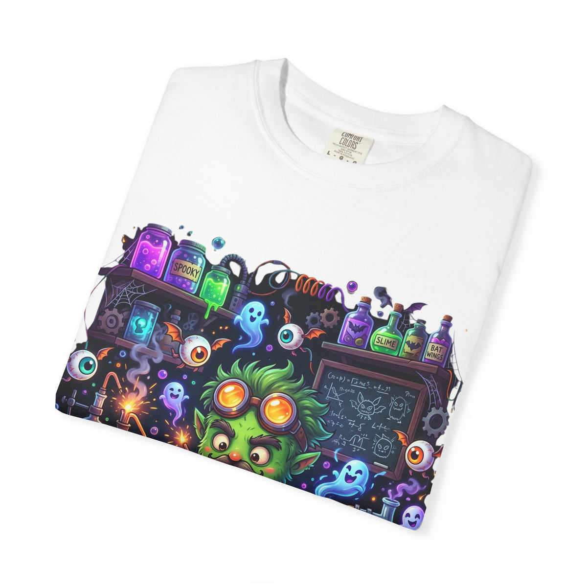Mad Scientist Cat Lab T-Shirt — Neon Potion Halloween Tee