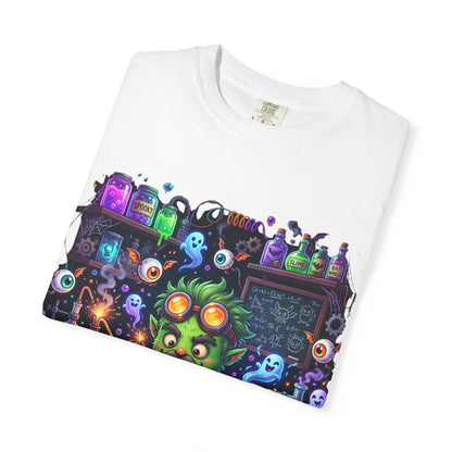 Mad Scientist Cat Lab T-Shirt — Neon Potion Halloween Tee