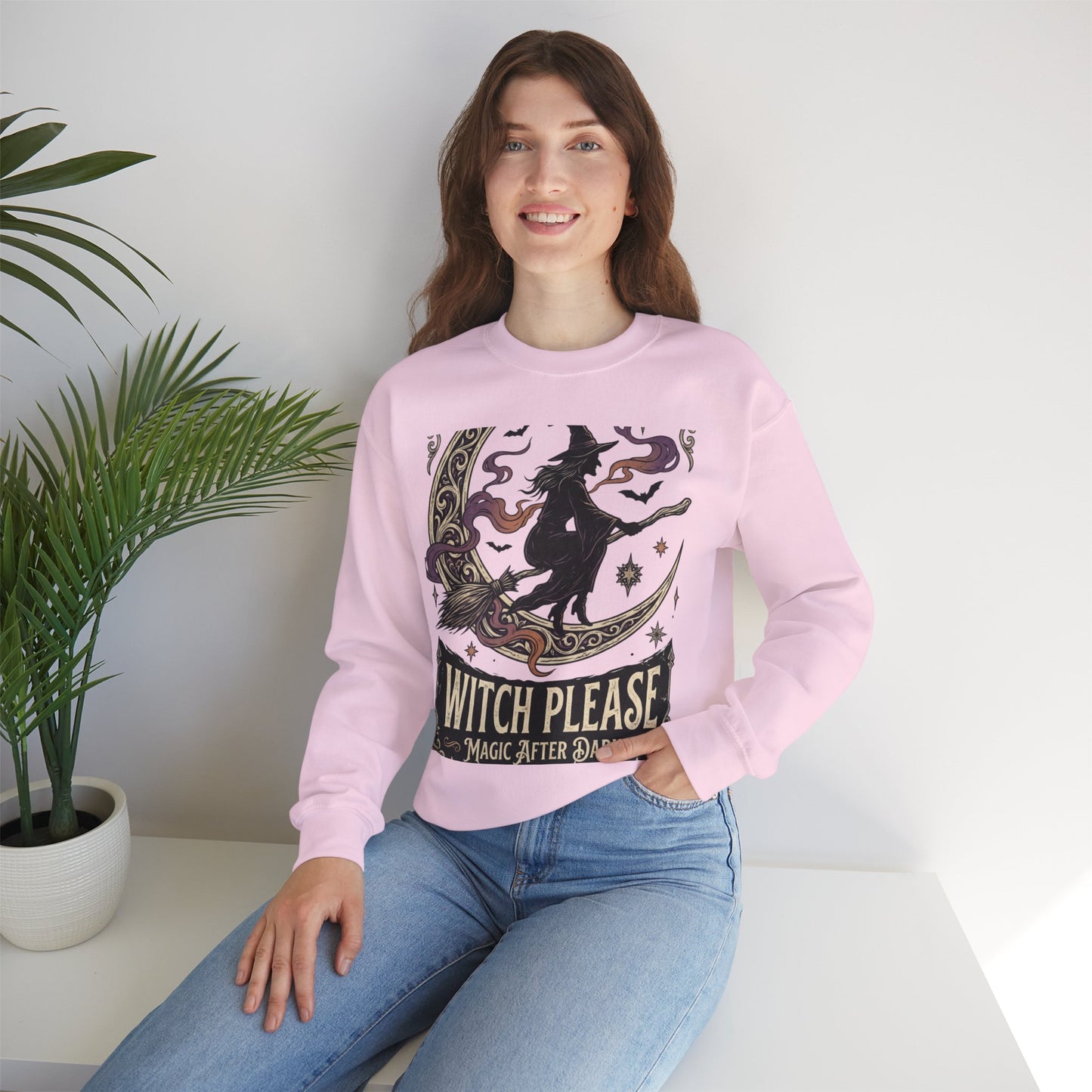 Witch Please Crewneck Sweatshirt — 'Magic After Dark' Witch Silhouette on Crescent Moon