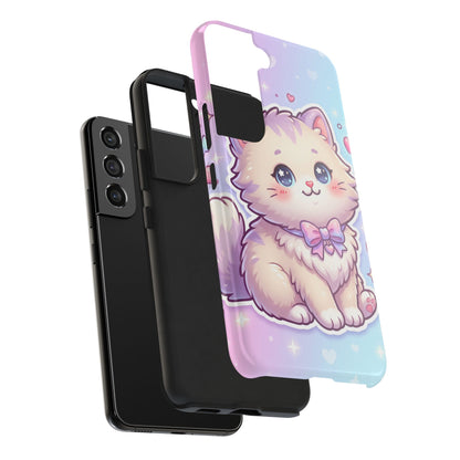Cute Pastel Kawaii Kitten Tough Phone Case — Cute Cat with Bow Protective Cover