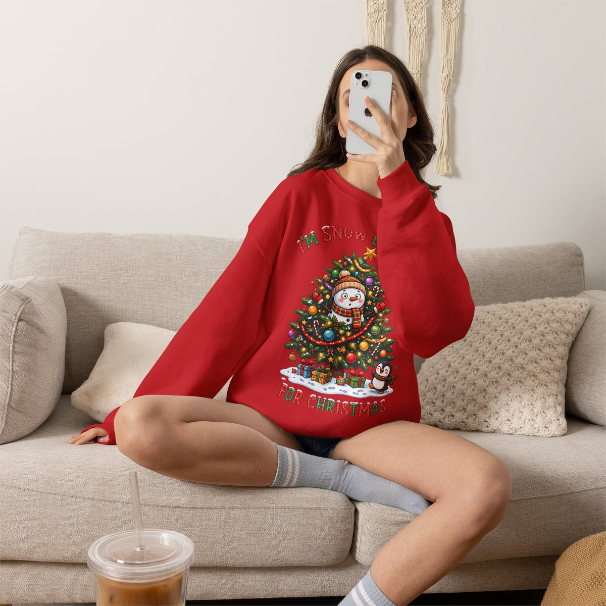 Christmas Sweatshirt – "I’m Snow Excited for Christmas" Cute Snowman Tree Holiday Crewneck