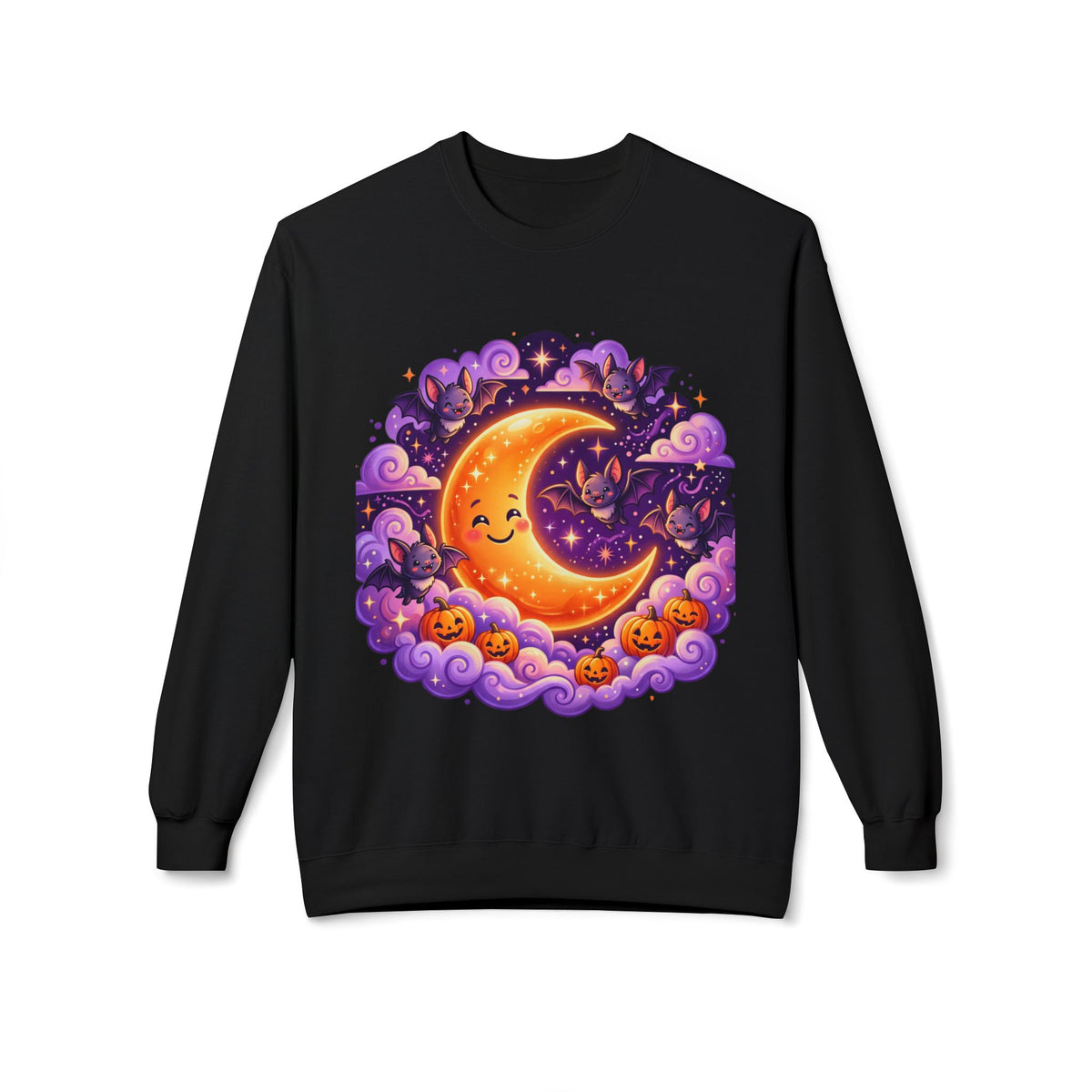 Halloween Moon Crewneck Sweatshirt — Cute Smiling Moon, Pumpkins & Bats Pullover