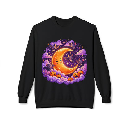 Halloween Moon Crewneck Sweatshirt — Cute Smiling Moon, Pumpkins & Bats Pullover