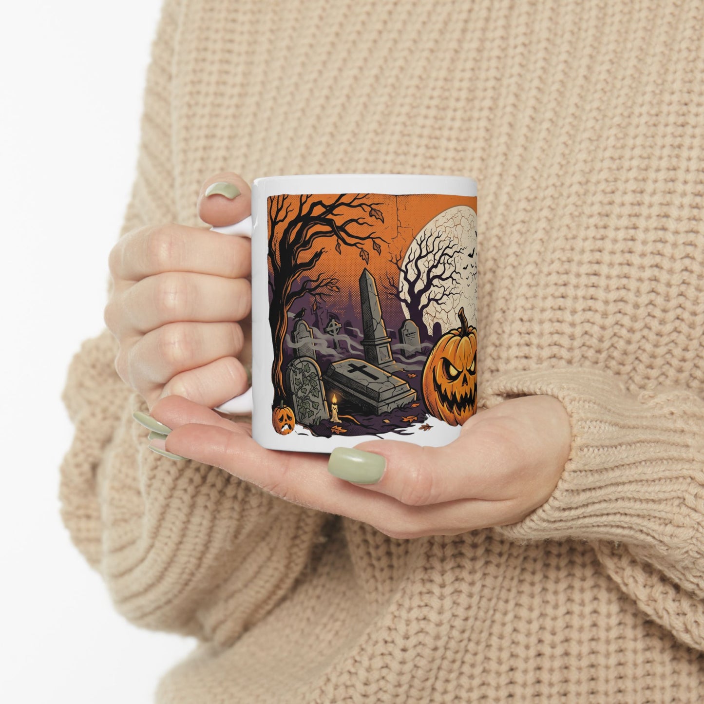 Halloween Pumpkin Mug — Spooky Graveyard Jack-o'-Lantern Ceramic Coffee Cup (11oz/15oz)