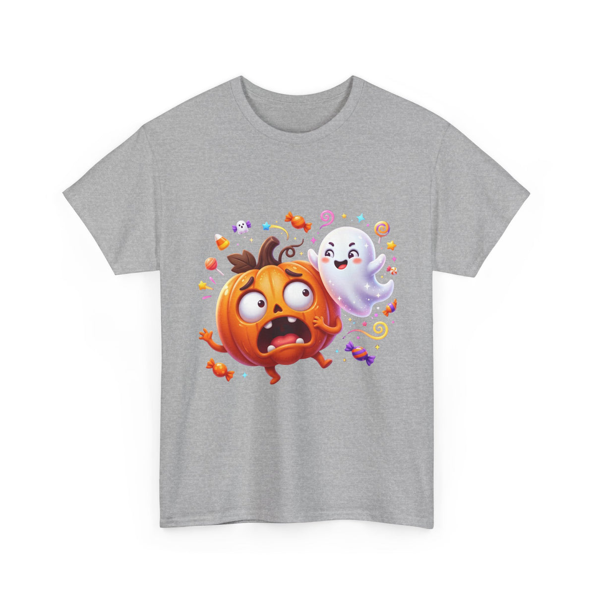 Cute Halloween Pumpkin & Ghost Tee — Scared Pumpkin Candy Graphic T-Shirt