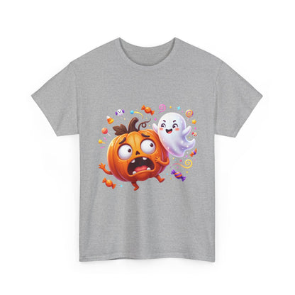 Cute Halloween Pumpkin & Ghost Tee — Scared Pumpkin Candy Graphic T-Shirt