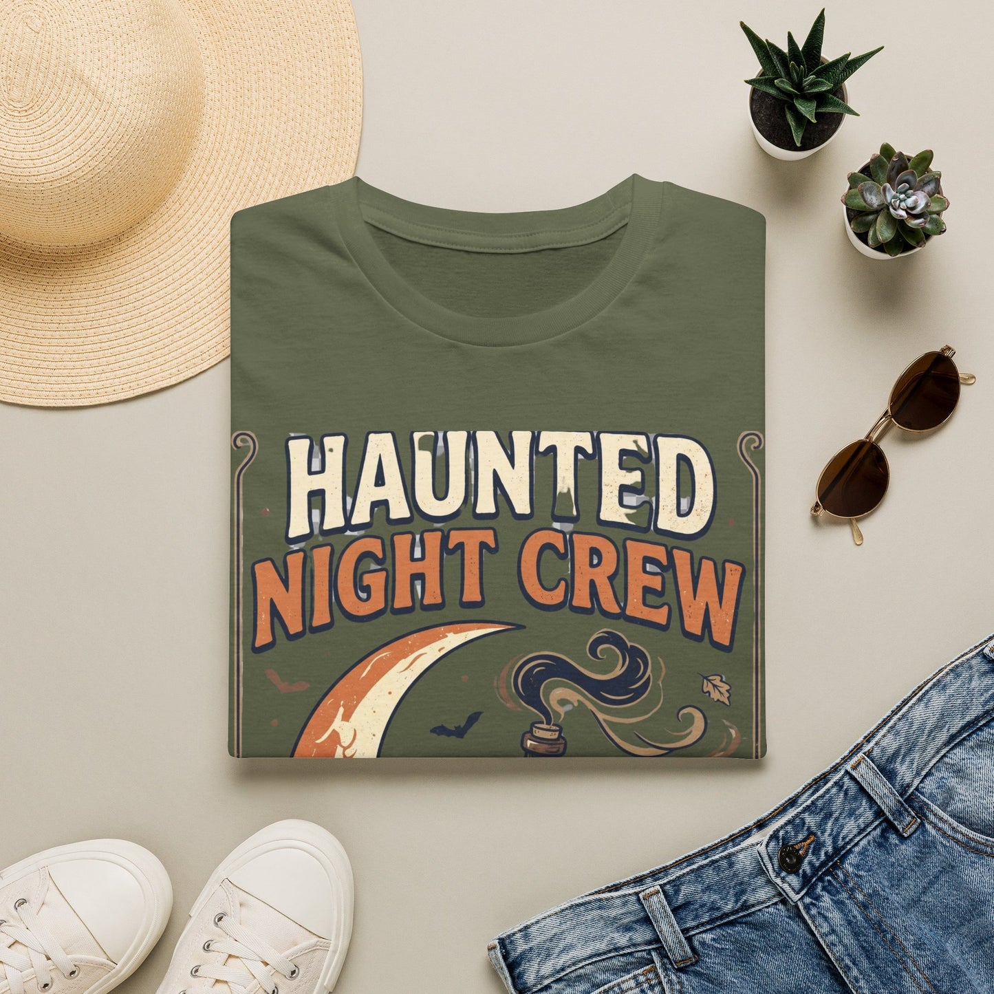 Haunted Night Crew T-Shirt — Retro Halloween Skeleton & Pumpkin Tee