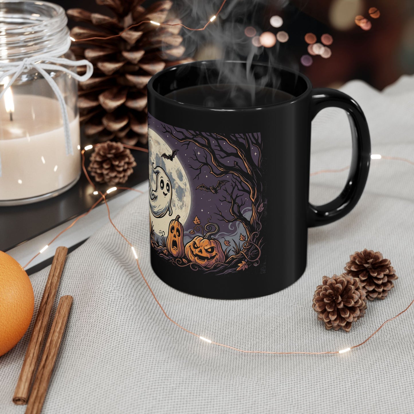 Halloween Ghost & Jack-o'-Lantern Black Mug (11oz, 15oz)