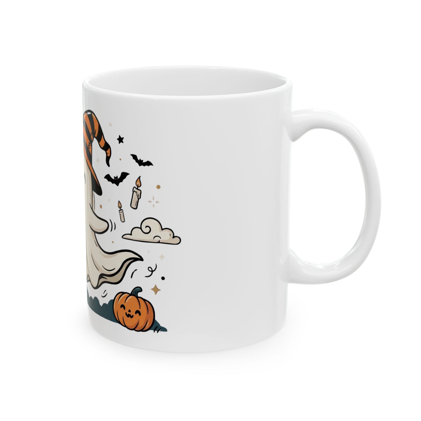 Halloween Ghost Ceramic Mug — Cute Ghost with Witch Hat, Pumpkins & Cats (11oz/15oz)